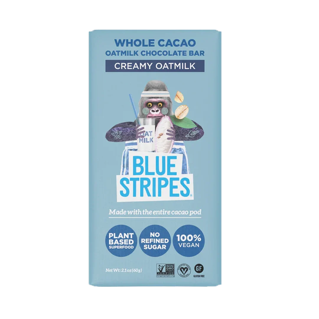 BLUE STRIPES, WHOLE CACAO DARK CHOCOLATE BAR, CREAMY OATMILK - 12 Units (Wholesale)
