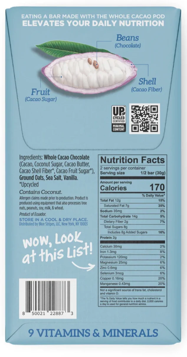 BLUE STRIPES, WHOLE CACAO DARK CHOCOLATE BAR, CREAMY OATMILK - 12 Units (Wholesale) - Image 2