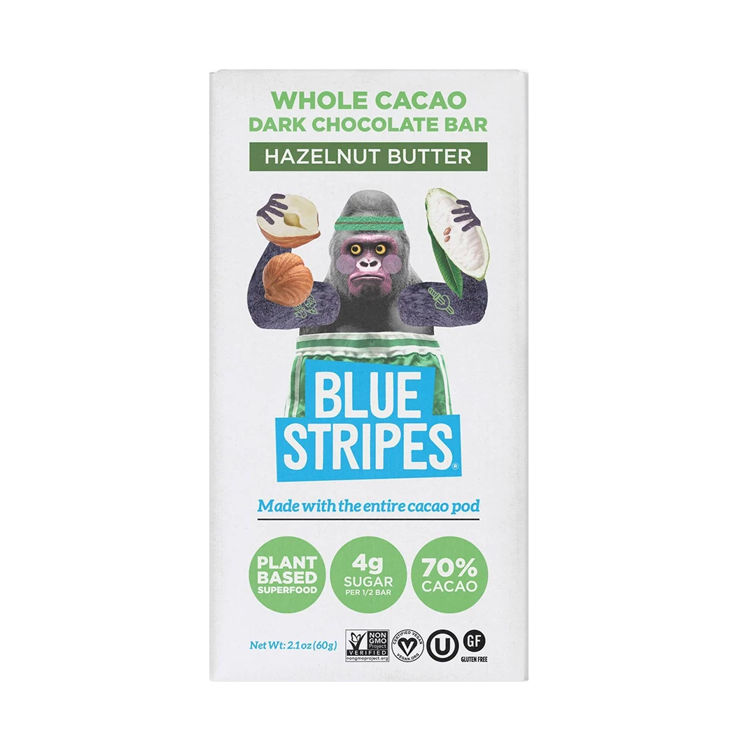 BLUE STRIPES, WHOLE CACAO DARK CHOCOLATE BAR, HAZELNUT BUTTER - 12 Units (Wholesale)