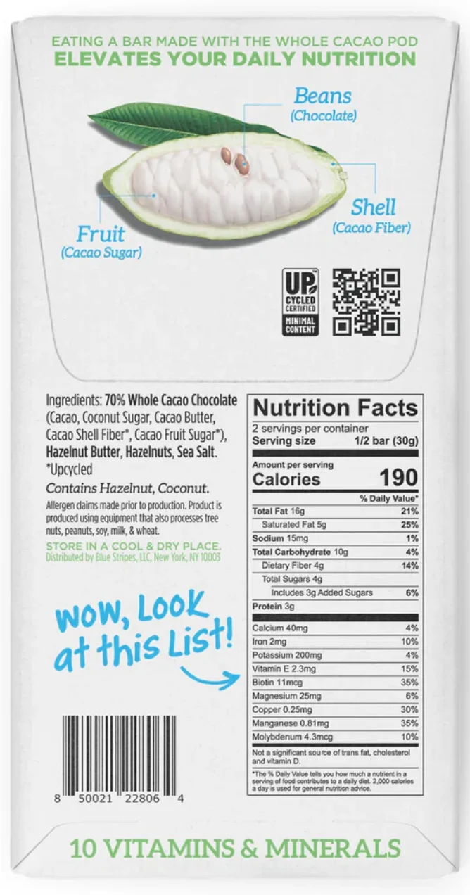 BLUE STRIPES, WHOLE CACAO DARK CHOCOLATE BAR, HAZELNUT BUTTER - 12 Units (Wholesale) - Image 2
