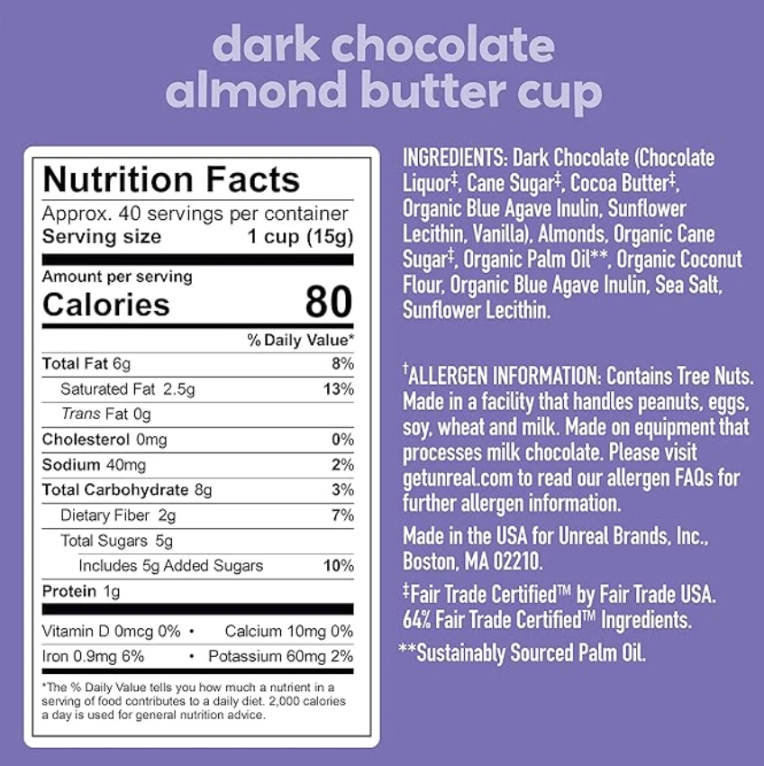 UNREAL, DARK CHOCOLATE ALMOND BUTTER CUPS - 40 Units (Wholesale) - Image 2